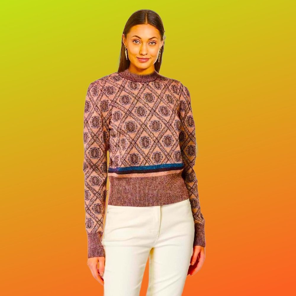 KATHIE K Wool Blend Auburn Multi Color Metallic Thread Sweater Excellent Size XL